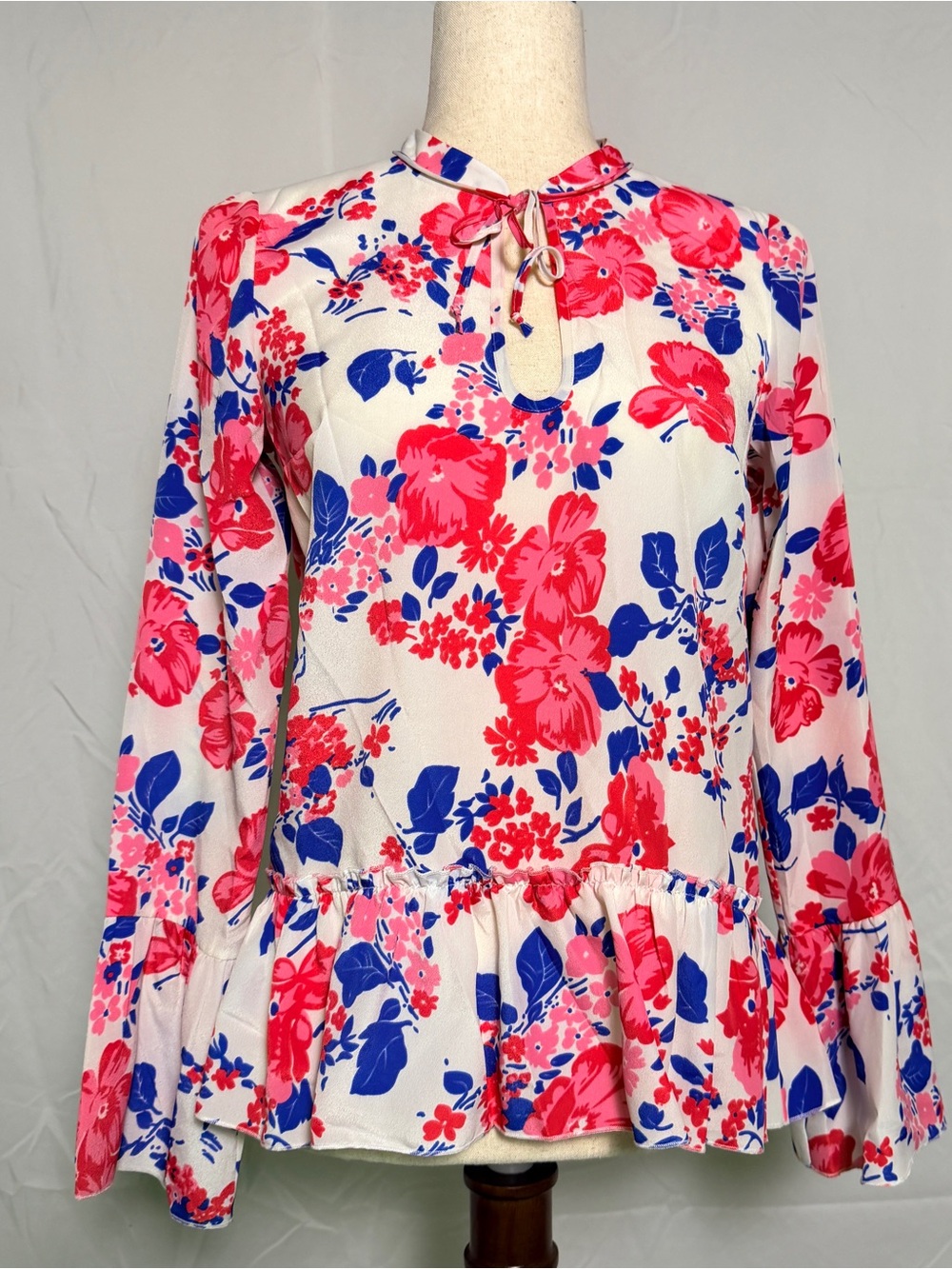 Corsage Floral Tie-Neck Peplum Blouse - Pink & Blue coquette, girly flowy,